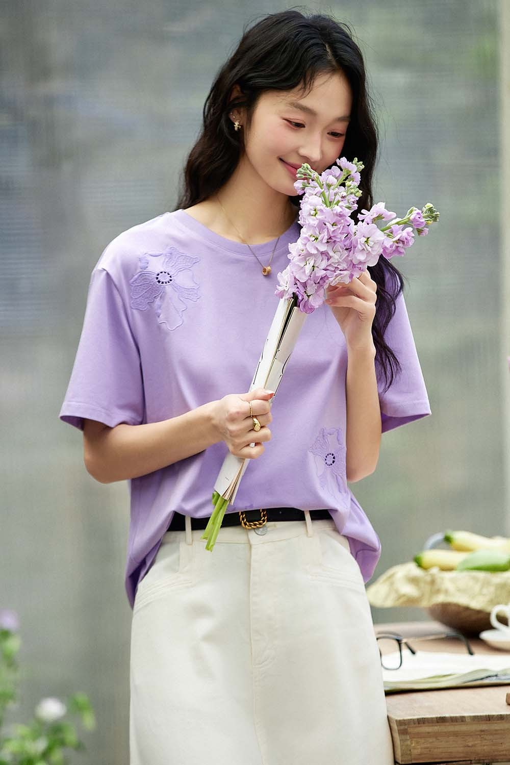 Hollow Flower Embroidery Straight T-Shirt-VIMLYSTORE