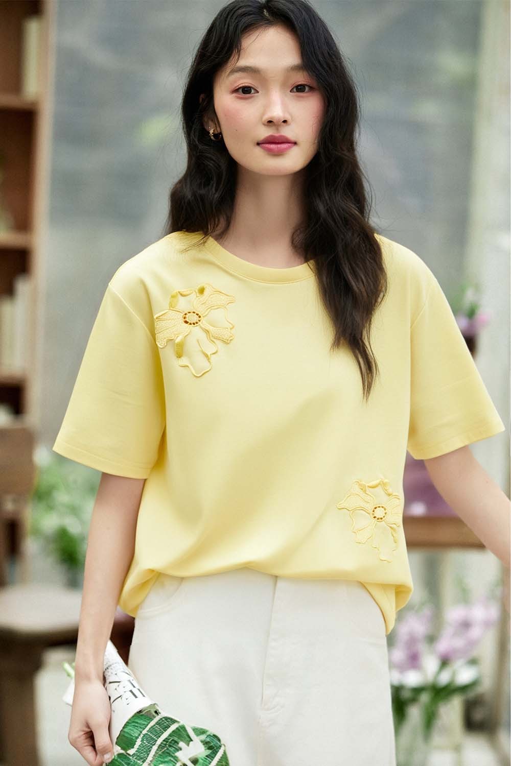 Hollow Flower Embroidery Straight T-Shirt-VIMLYSTORE