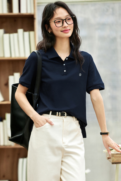 Polo Collar Embroidered Casual T-shirt-VIMLYSTORE