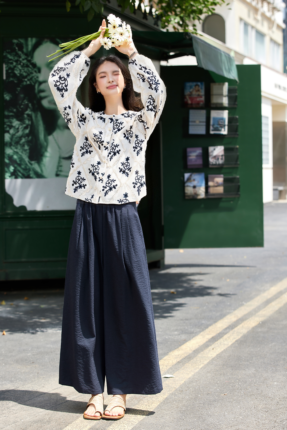 Linen Notch-Neck Top & Wide-Leg Pants Set-VIMLYSTORE