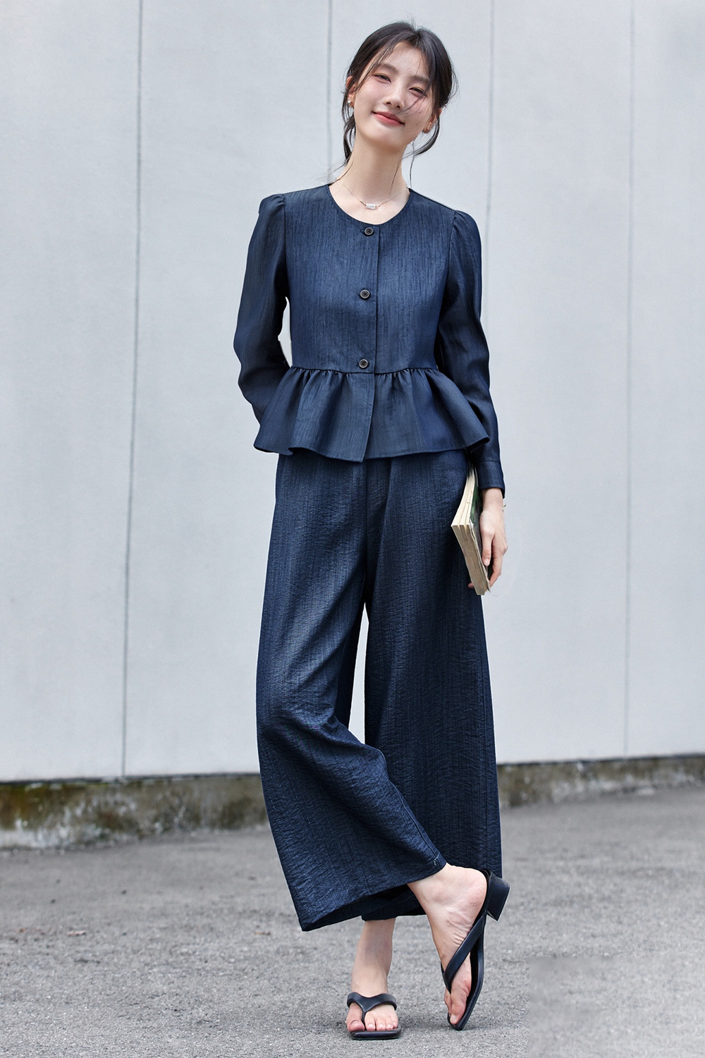Navy Fluid-Knit Top & Wide-Leg Pants Coordinated Set-VIMLYSTORE