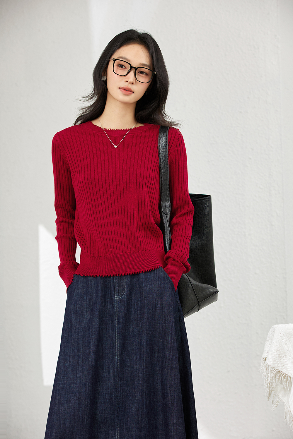 Ribbed Wool Blend Loose Round Neck Knitted Top-VIMLYSTORE