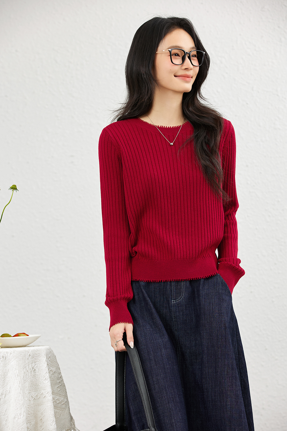Ribbed Wool Blend Loose Round Neck Knitted Top-VIMLYSTORE