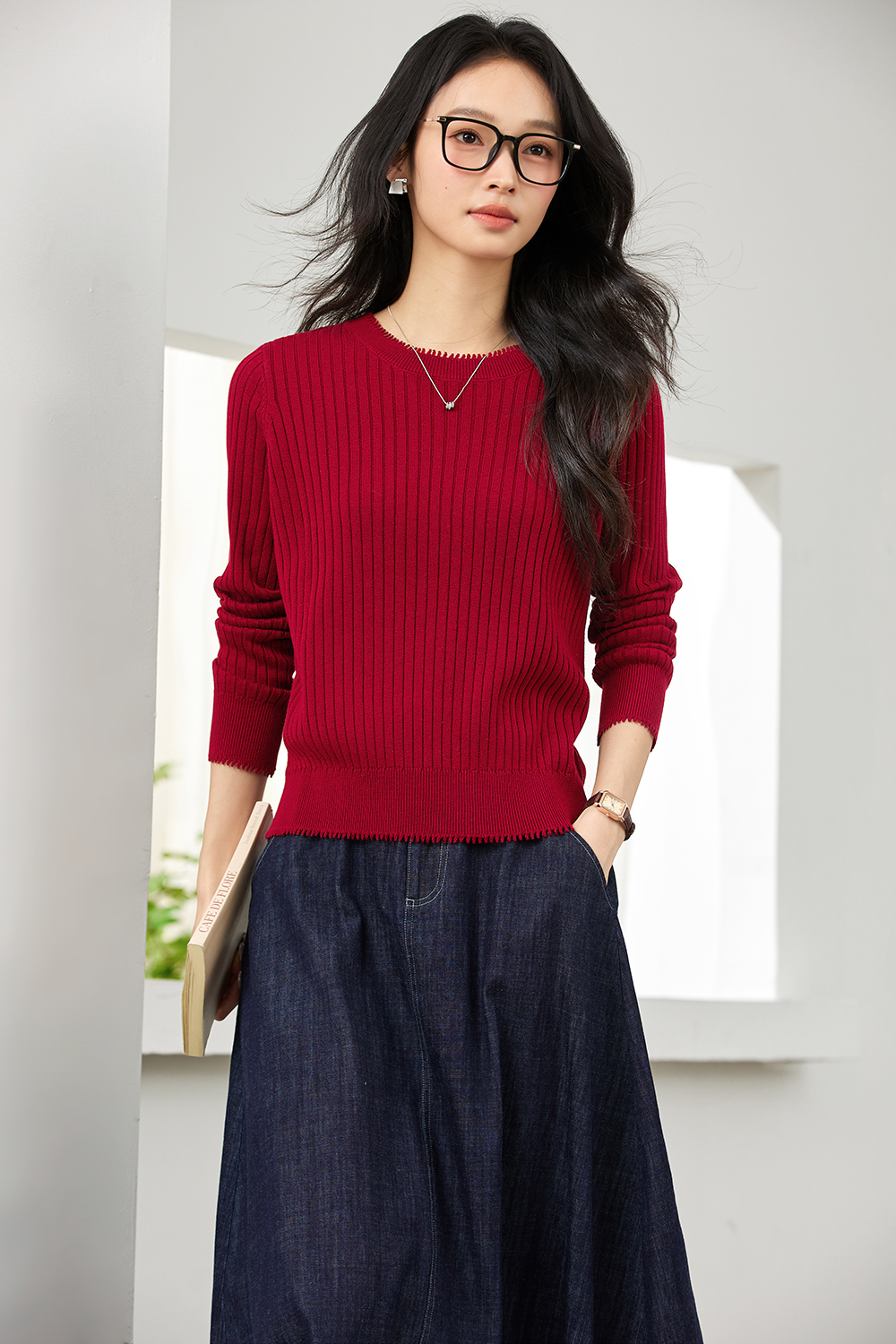 Ribbed Wool Blend Loose Round Neck Knitted Top-VIMLYSTORE