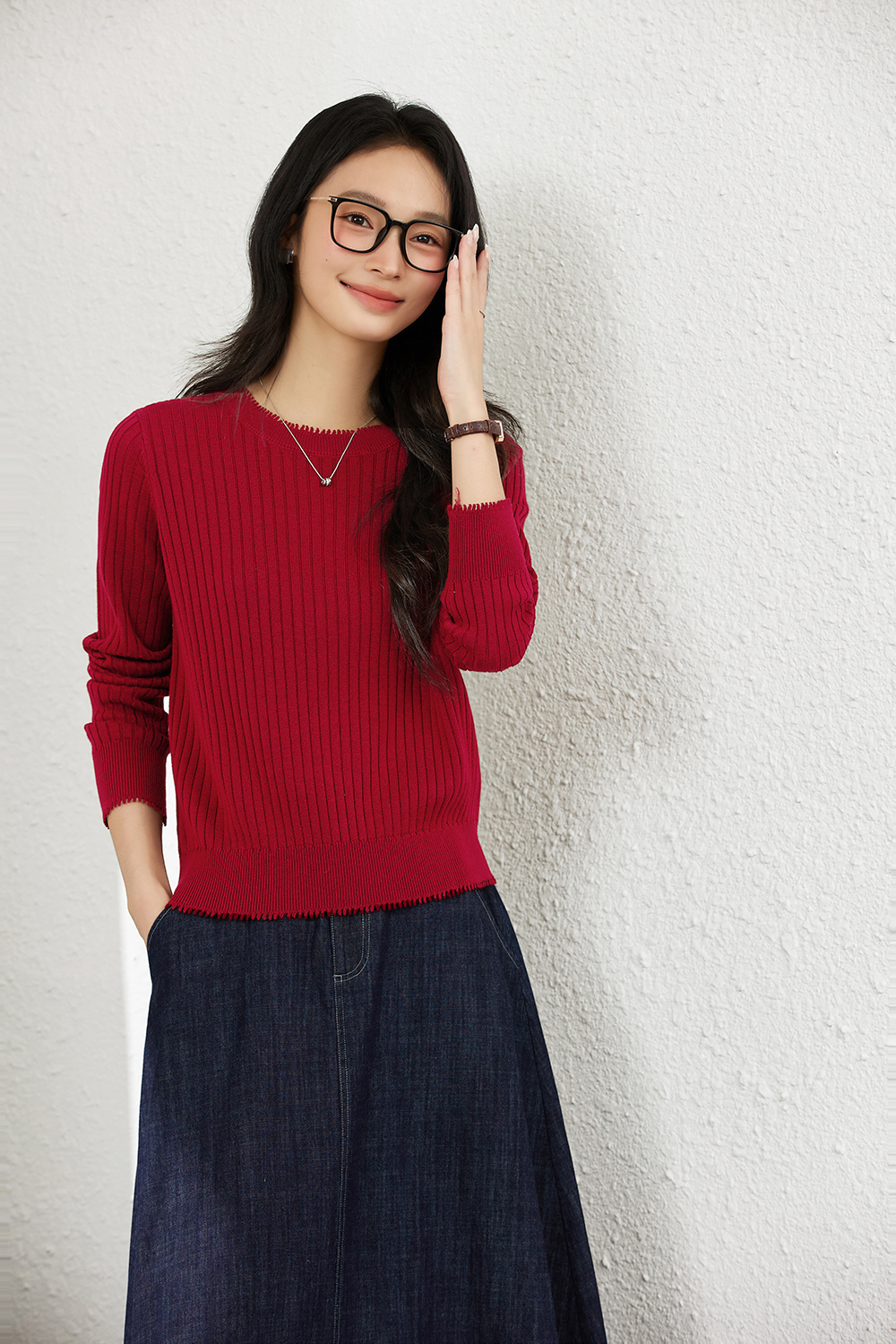 Ribbed Wool Blend Loose Round Neck Knitted Top-VIMLYSTORE