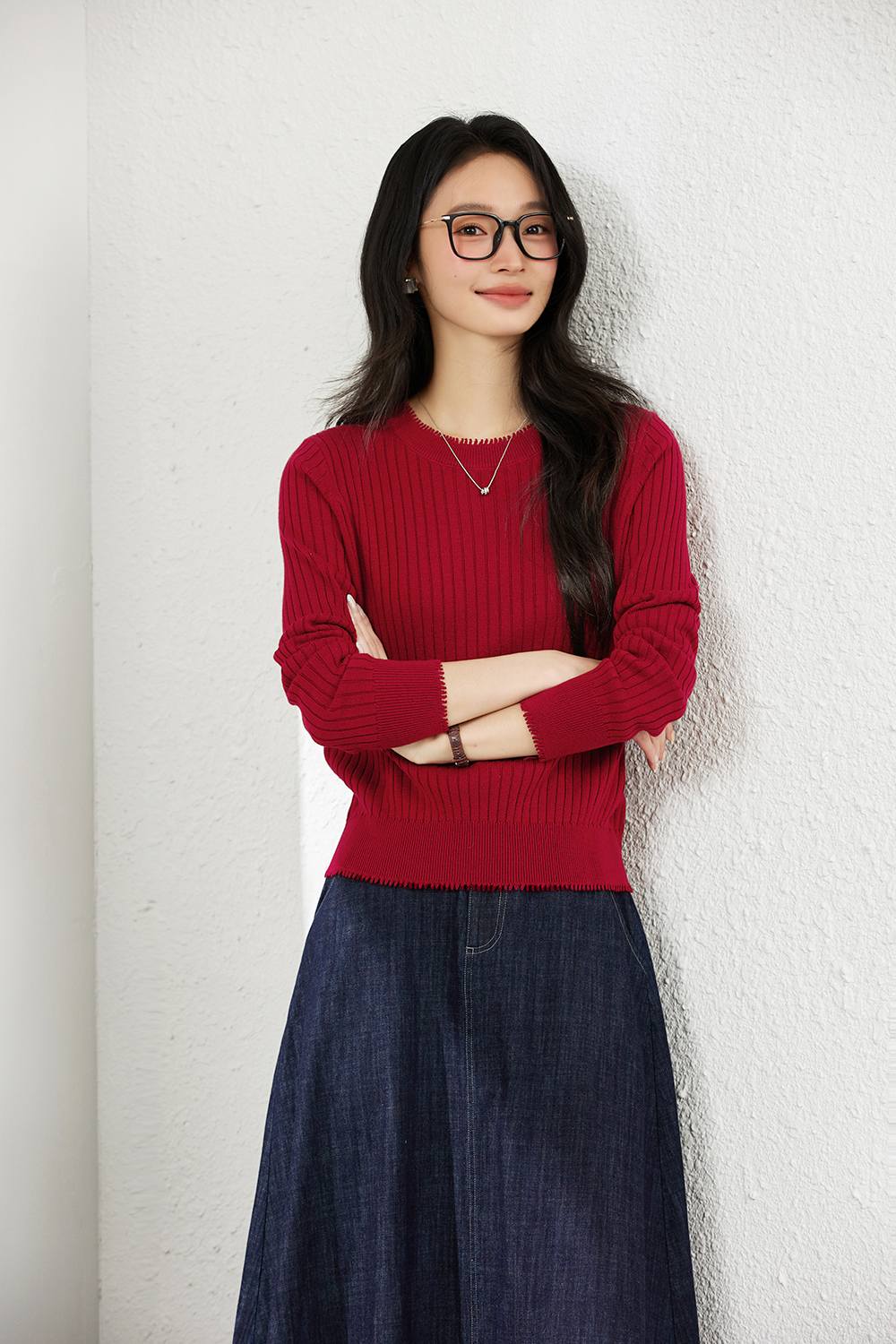 Ribbed Wool Blend Loose Round Neck Knitted Top-VIMLYSTORE