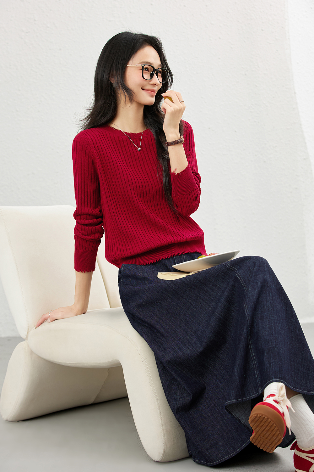 Ribbed Wool Blend Loose Round Neck Knitted Top-VIMLYSTORE