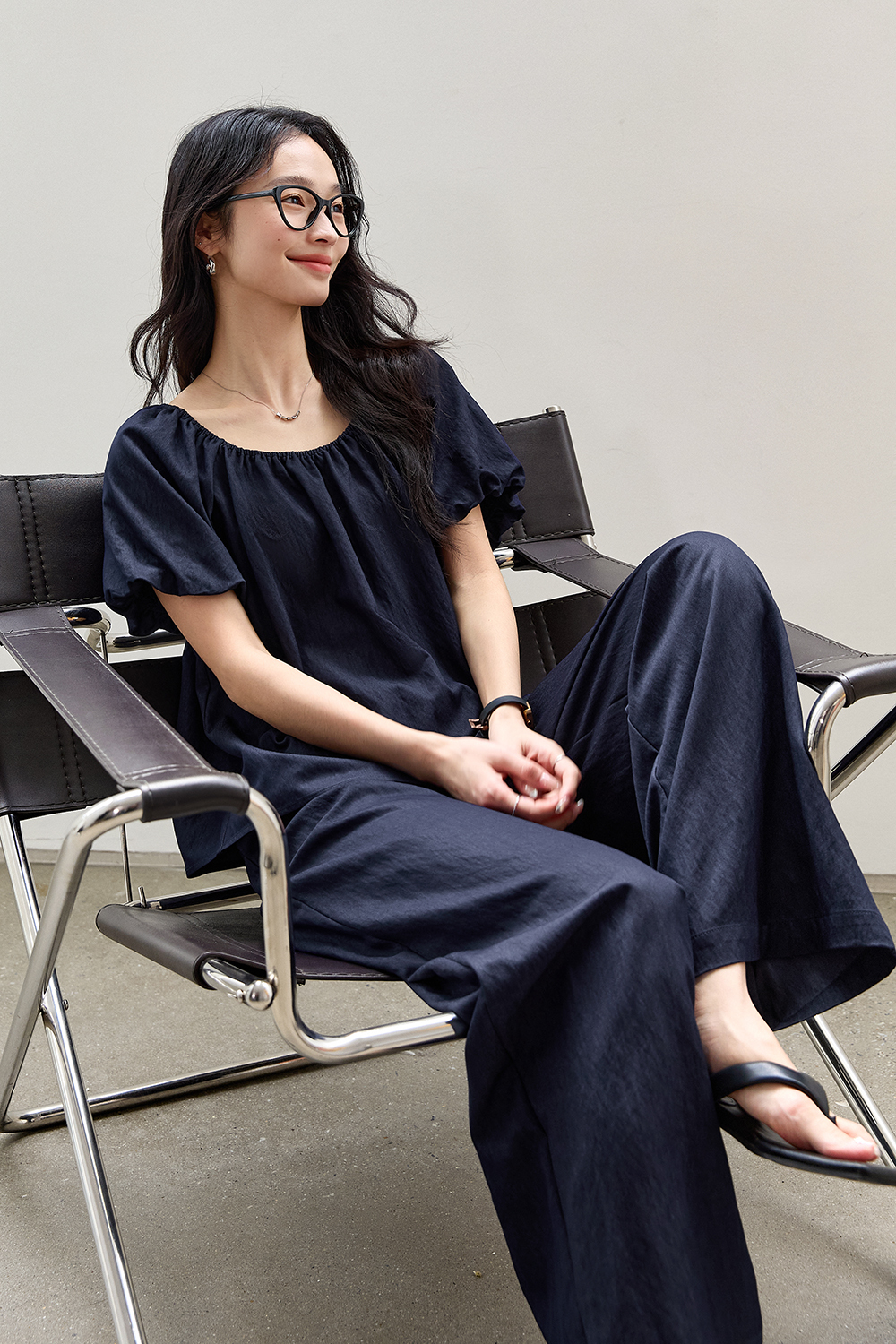 Simple-Chic Puff-Sleeve Top with High-Waist Wide-Leg Pants Set