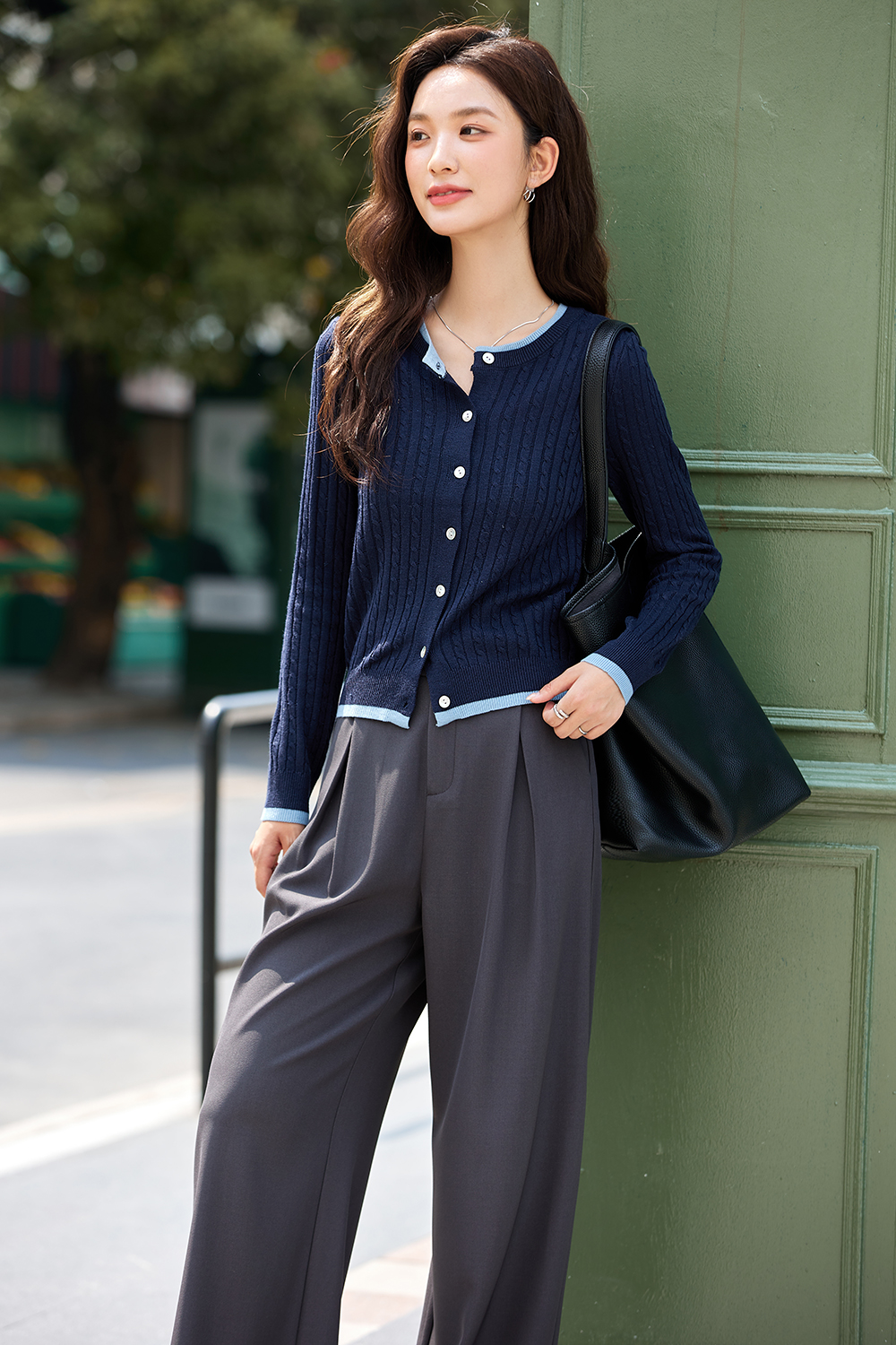 Color-Block Ribbed Knit Cardigan with Faux Underlayer-VIMLYSTORE