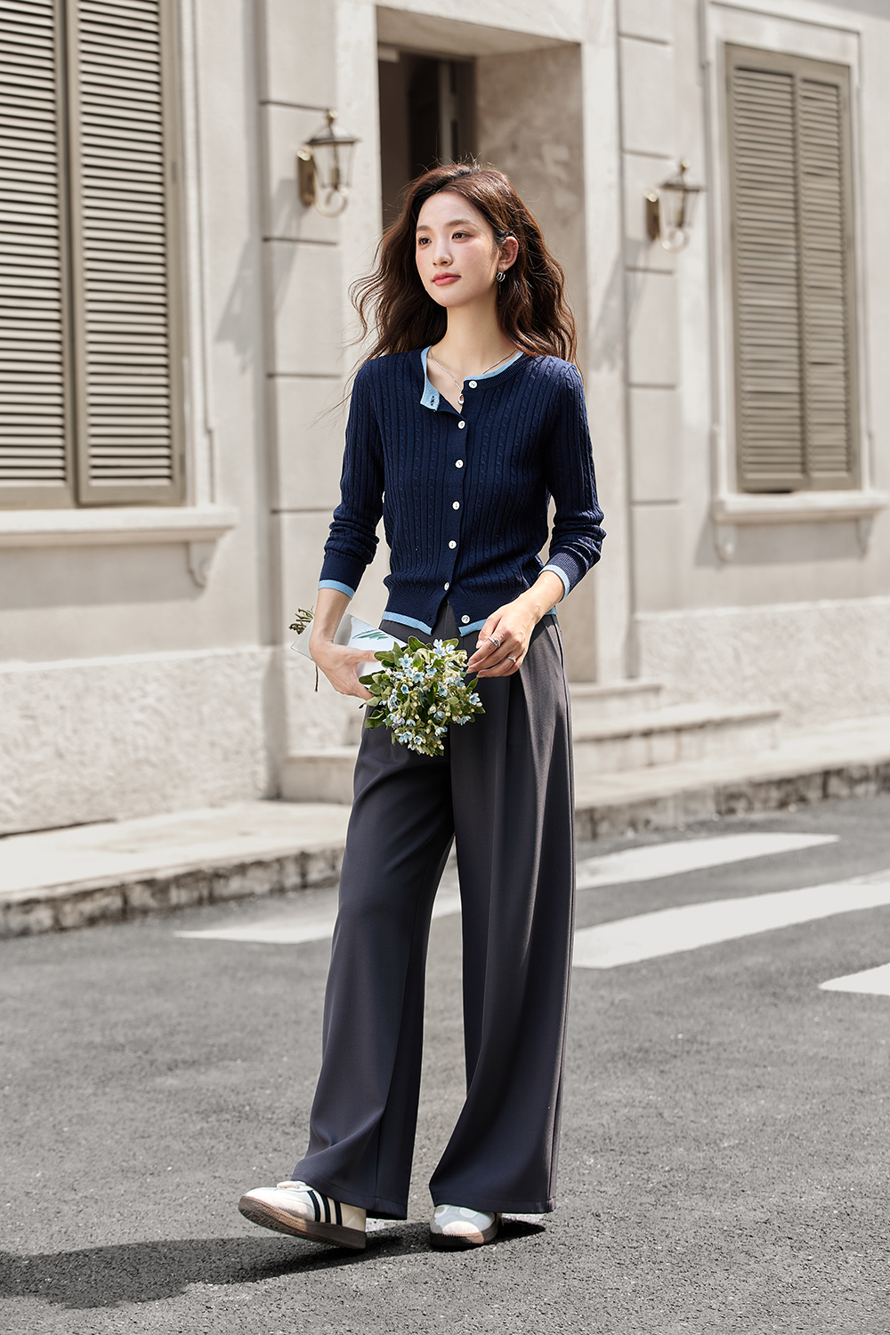 Color-Block Ribbed Knit Cardigan with Faux Underlayer-VIMLYSTORE