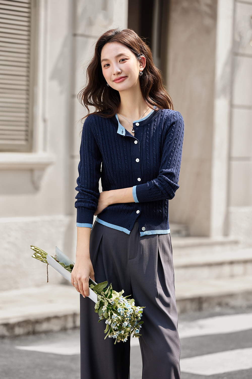 Color-Block Ribbed Knit Cardigan with Faux Underlayer-VIMLYSTORE