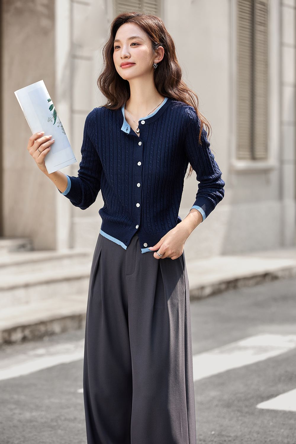 Color-Block Ribbed Knit Cardigan with Faux Underlayer-VIMLYSTORE