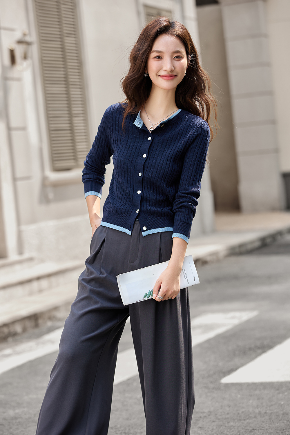 Color-Block Ribbed Knit Cardigan with Faux Underlayer-VIMLYSTORE