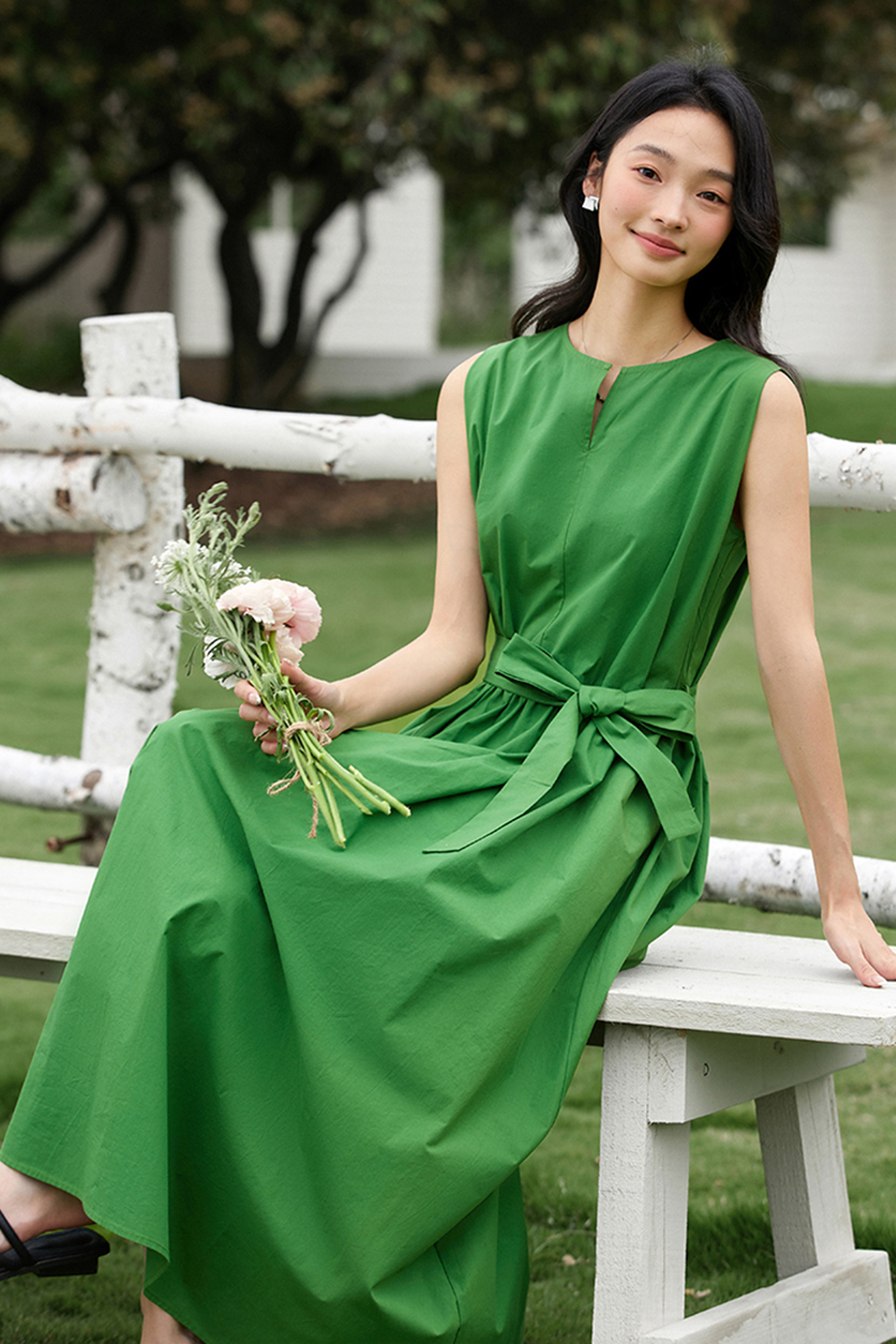 100% Cotton Premium Waist-cinching Sleeveless Maxi Dress-VIMLYSTORE