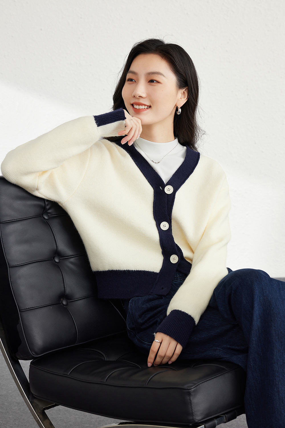 Apricot Lazy-Style Color-Block V-Neck Sweater Jacket