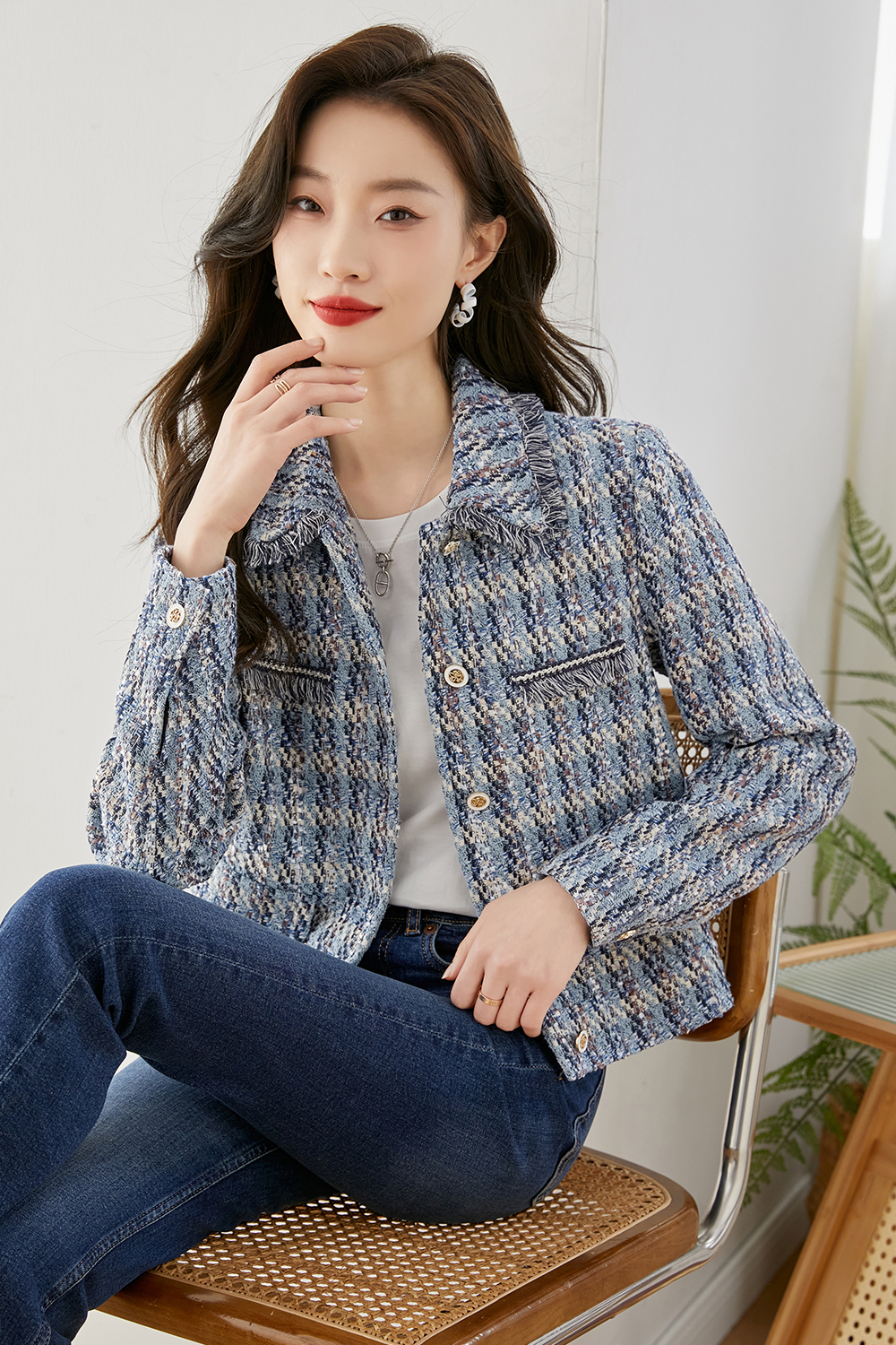 Lapel Blended Checkered Jacket-VIMLYSTORE