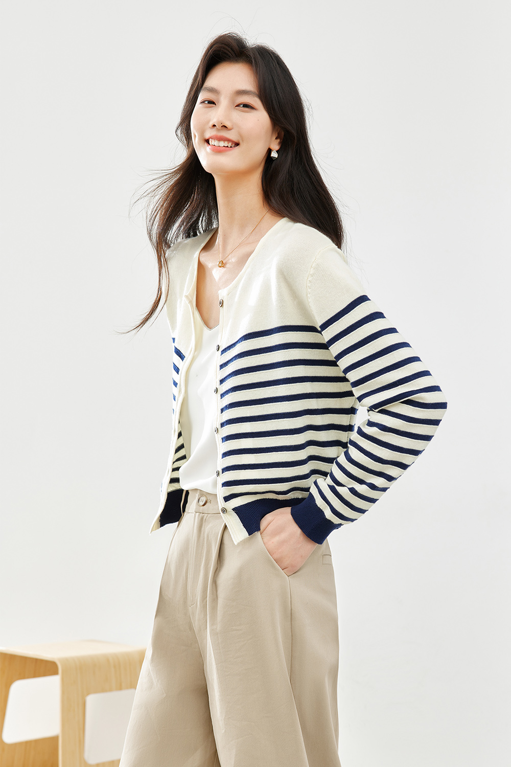 Apricot Blue Striped Knit Cardigan-VIMLYSTORE