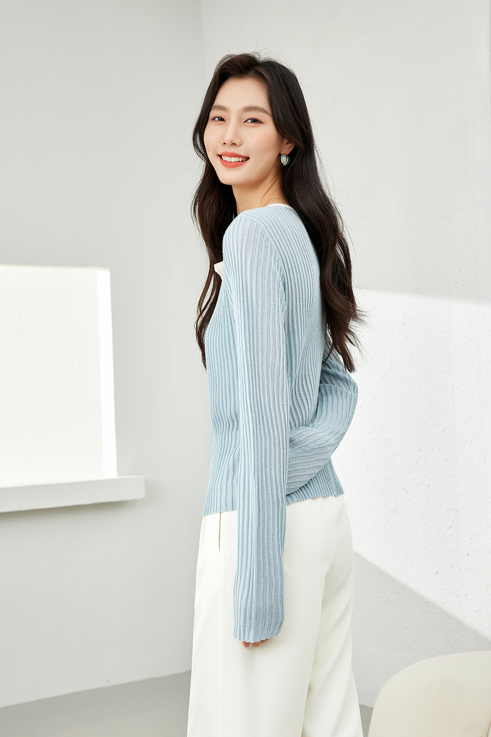 Collar Patchwork with Contrast Knit Cardigan-VIMLYSTORE