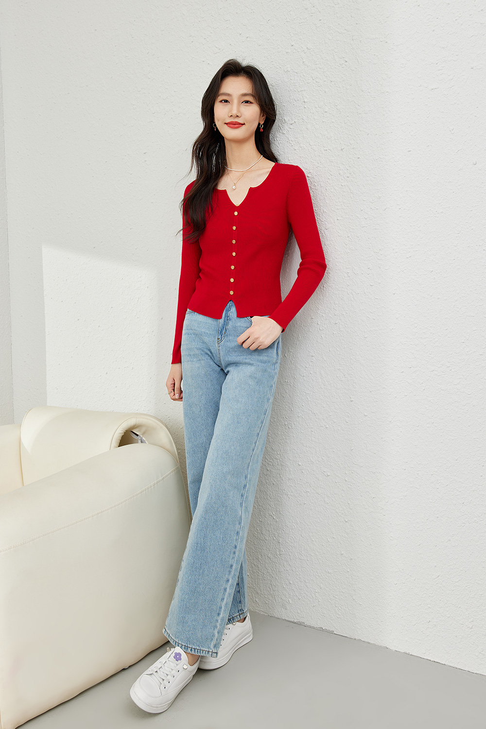 Thin V-neck knit Sweater-VIMLYSTORE