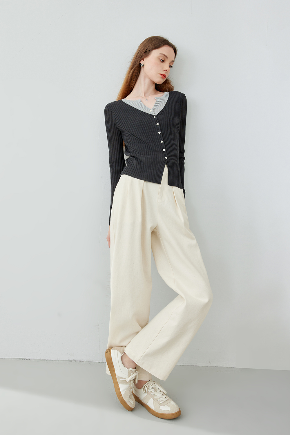 Collar Patchwork with Contrast Knit Cardigan-VIMLYSTORE