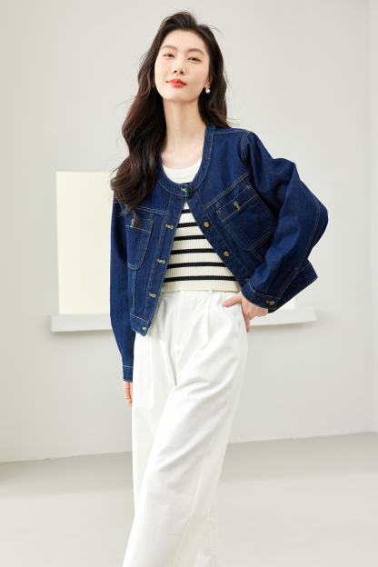 Round Neck Denim Short Jacket