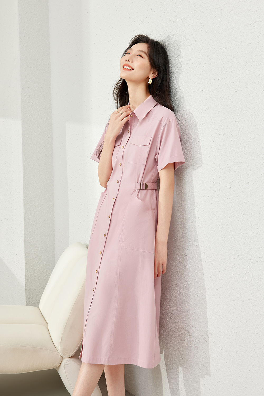 Polo Collar Shirt Dress-VIMLYSTORE