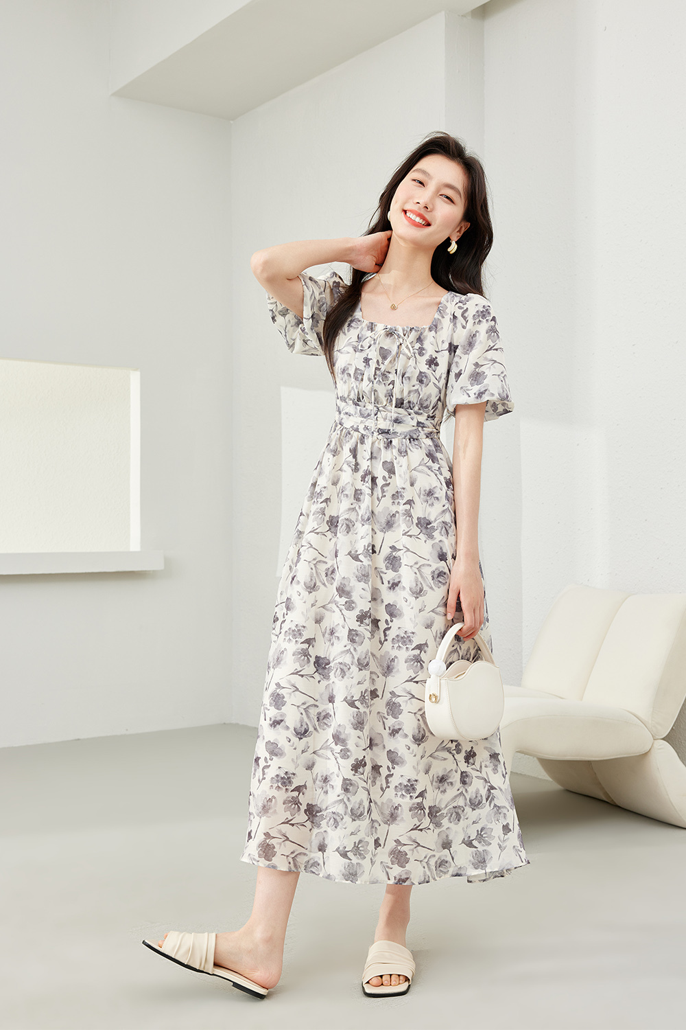 Puff Sleeve Printed Dress
