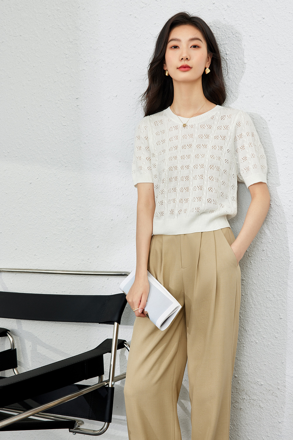 French Hollow Solid Color Knit Sweater