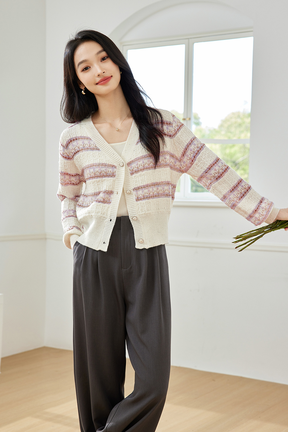 Striped Gentle Style Knitted Cardigan