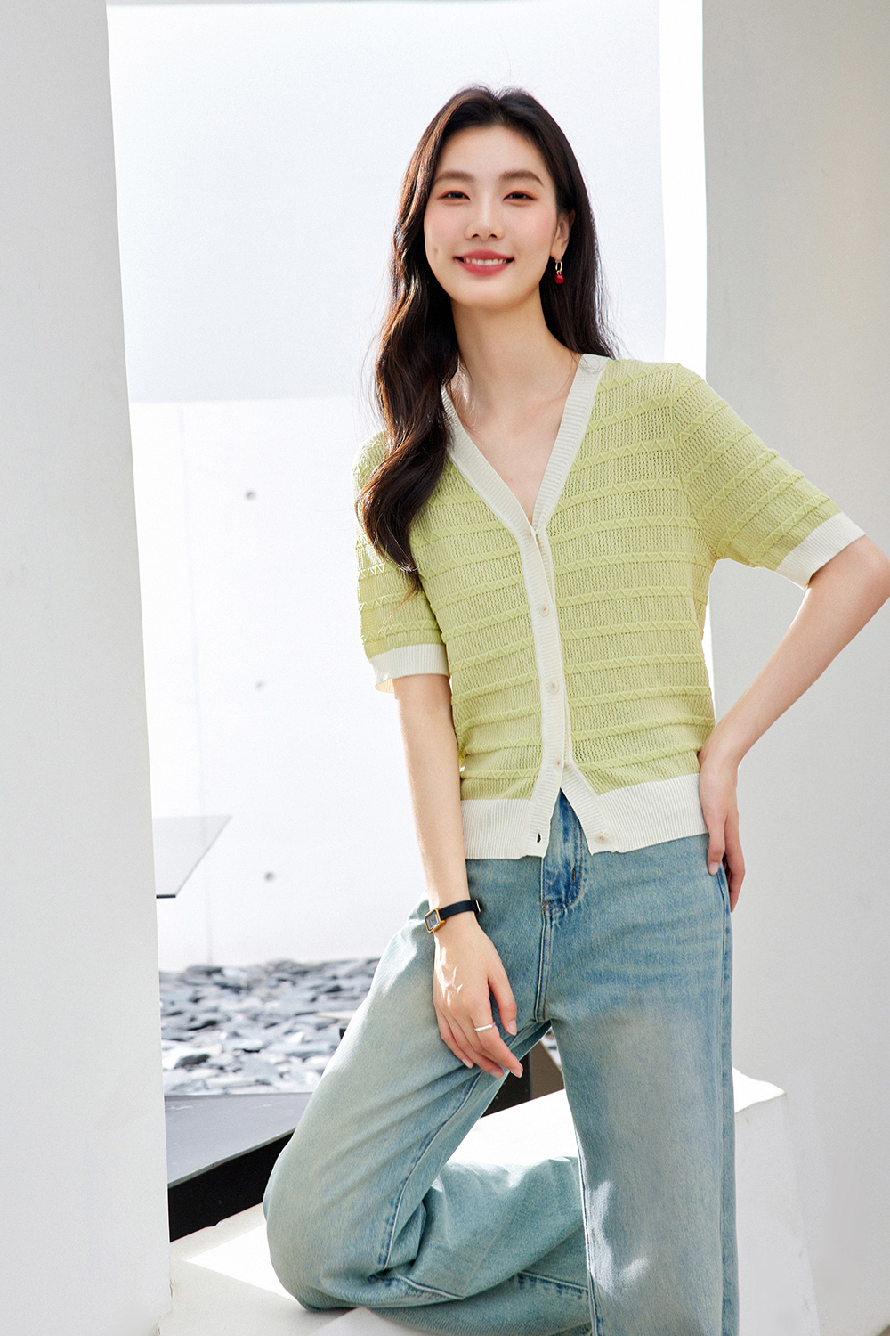 Color-Block French Textured Knit Cardigan