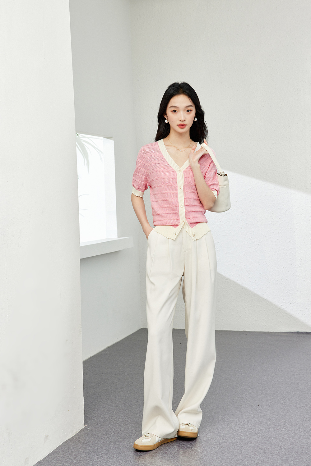 Color-Block French Textured Knit Cardigan