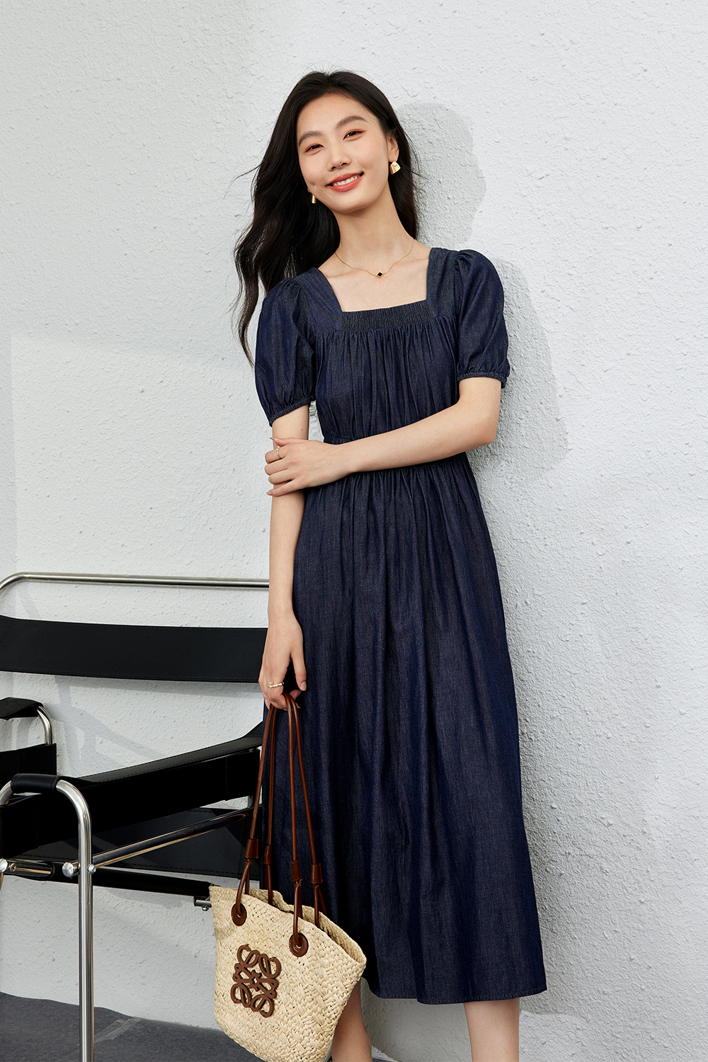 Retro Square Neck Denim Dress