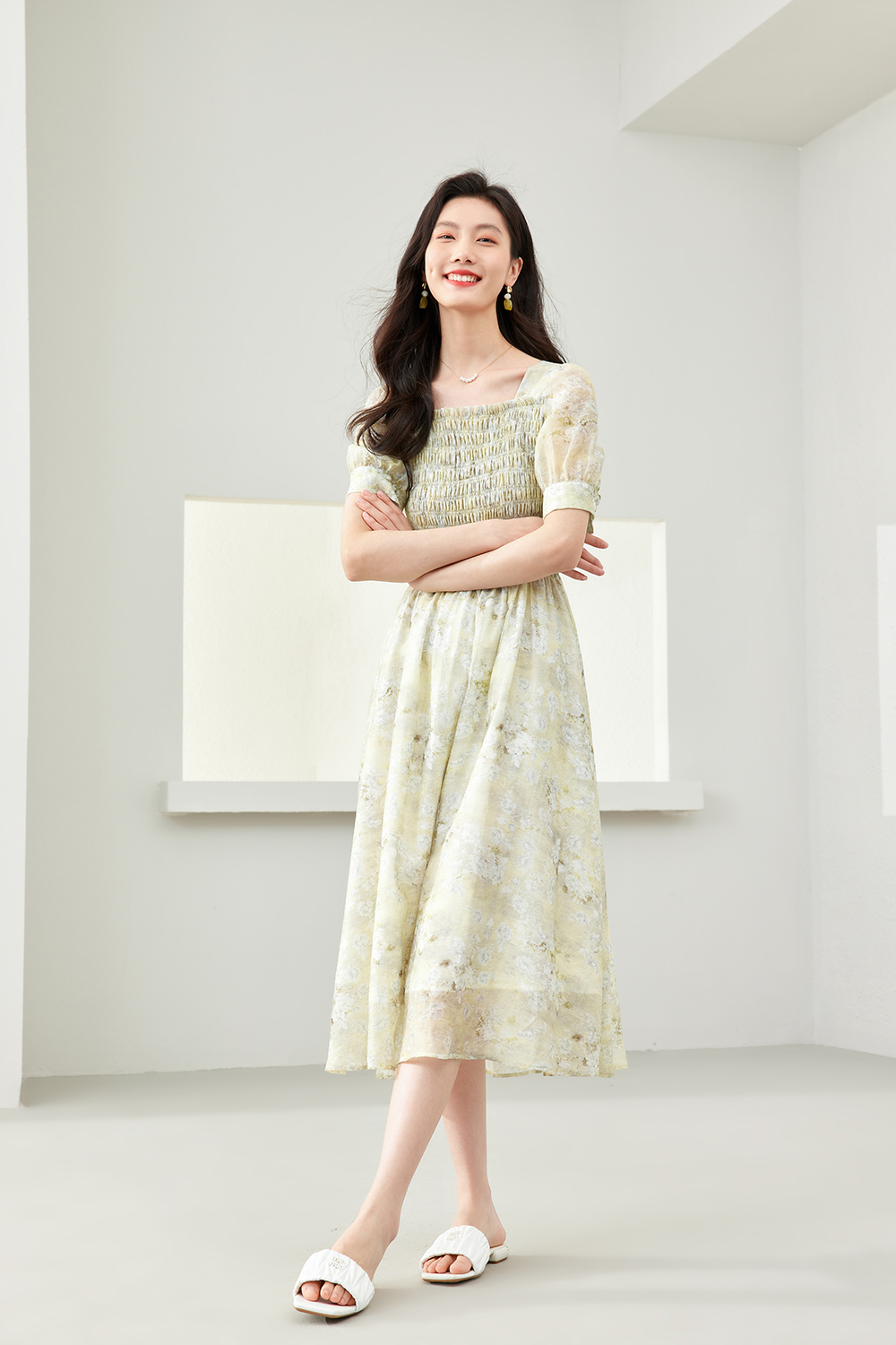 Floral Lyocell Square-Neck Dress