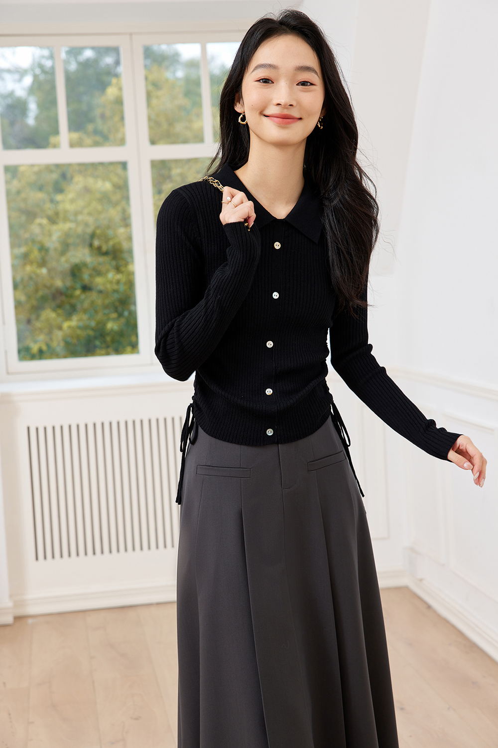 Polo Collar Textured Knitted Sweater