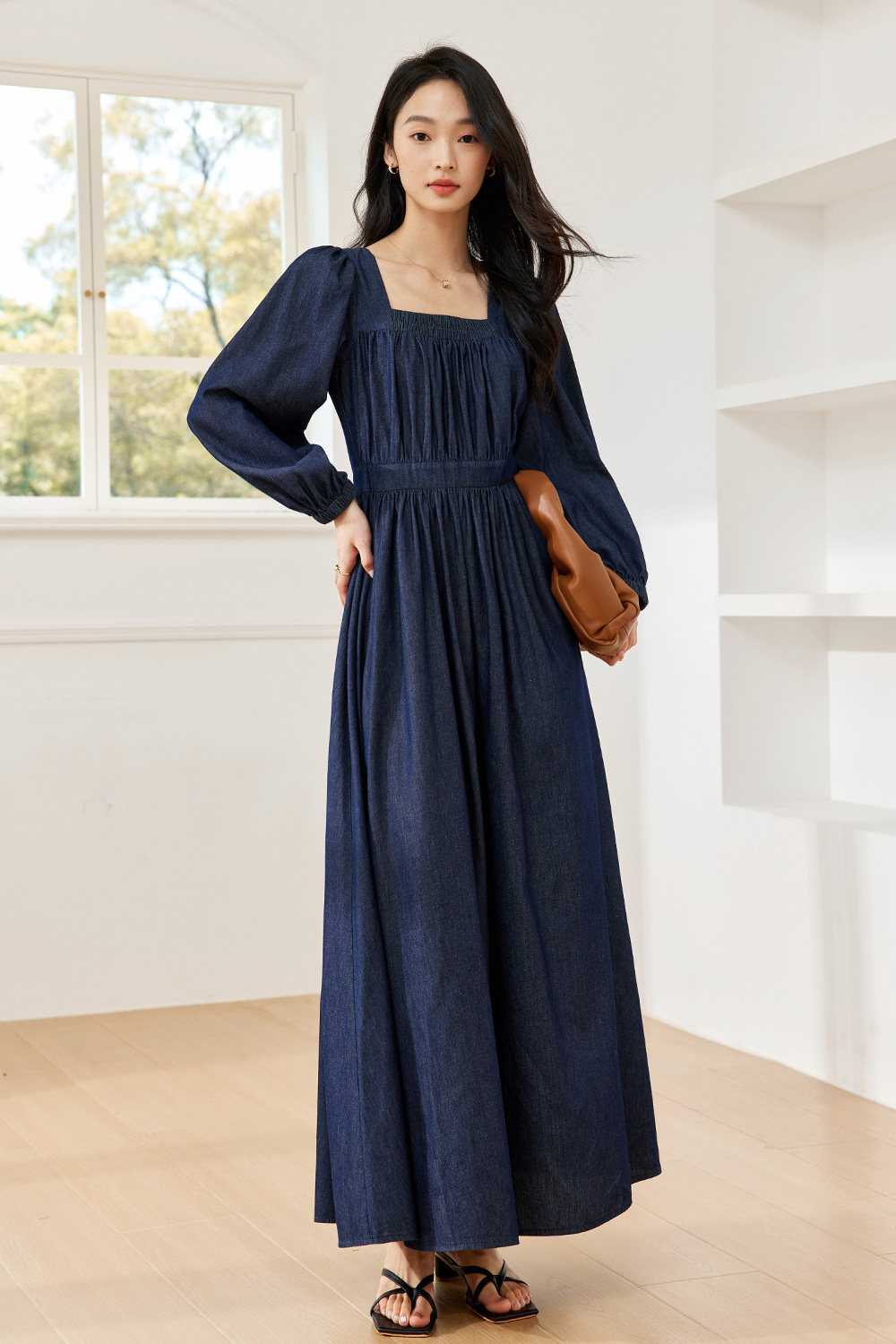 French Square-Neck Denim Dress