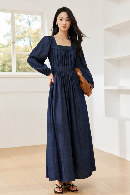 French Square-Neck Denim Dress
