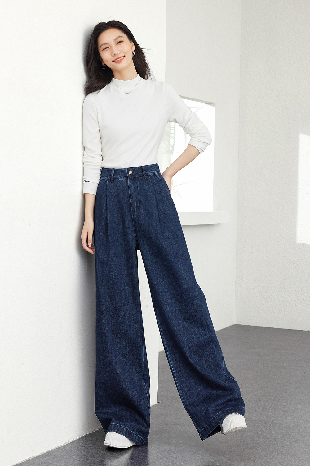 Retro dark blue wide-leg jeans-VIMLYSTORE