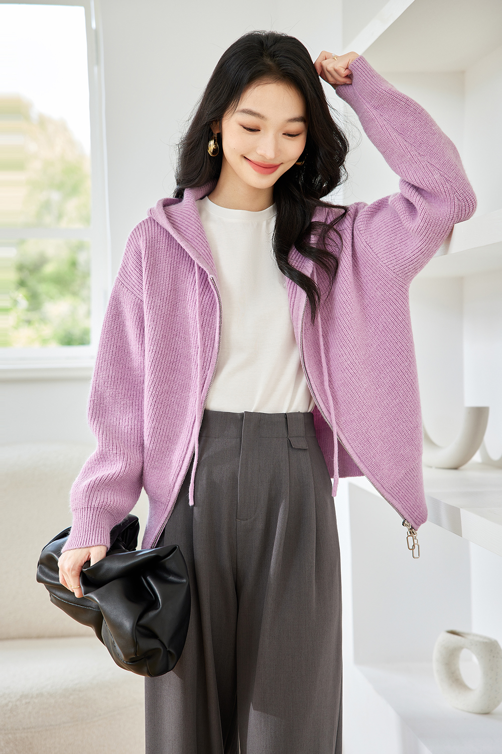 Lazy style hooded knitted jacket-VIMLYSTORE