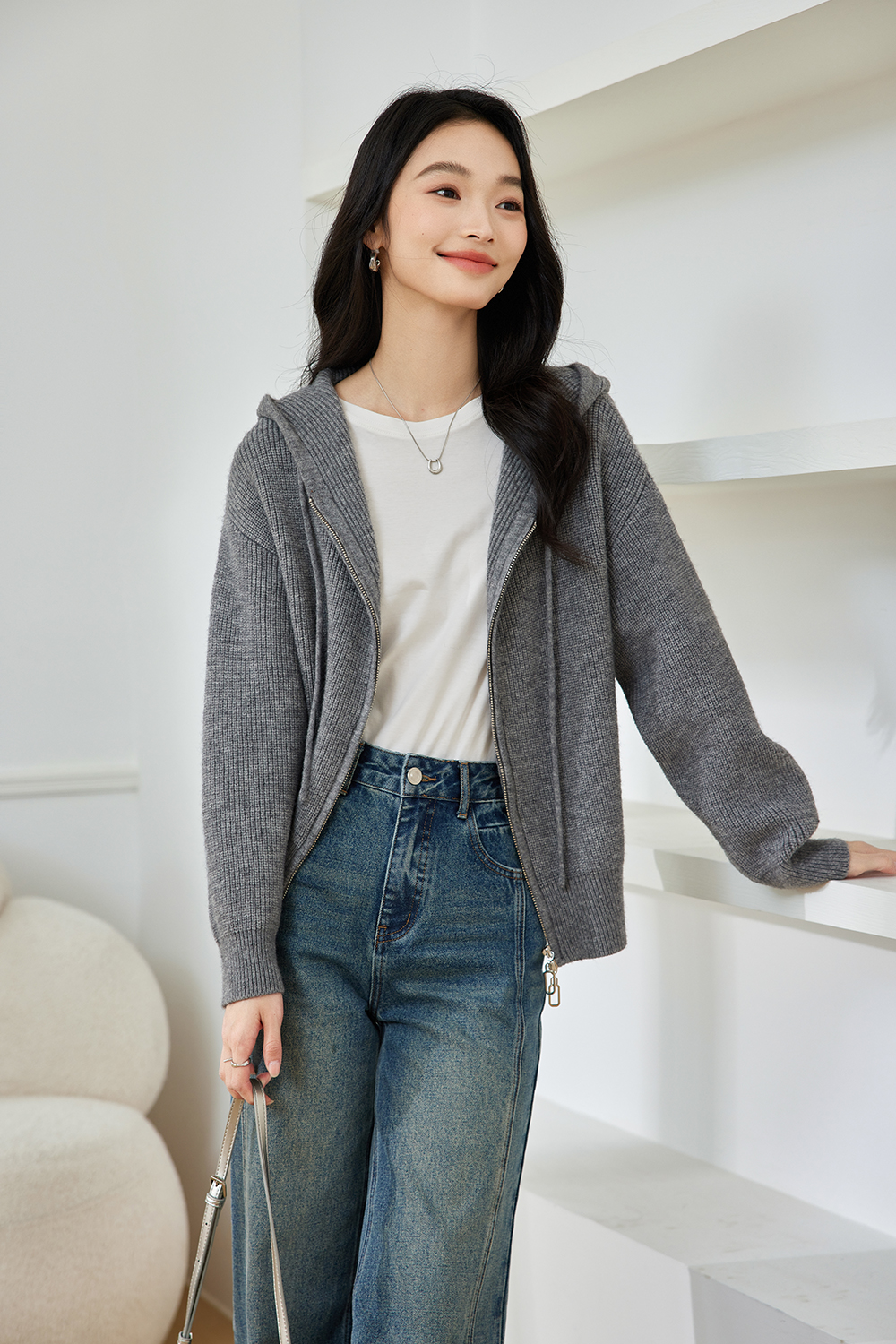 Lazy style hooded knitted jacket-VIMLYSTORE