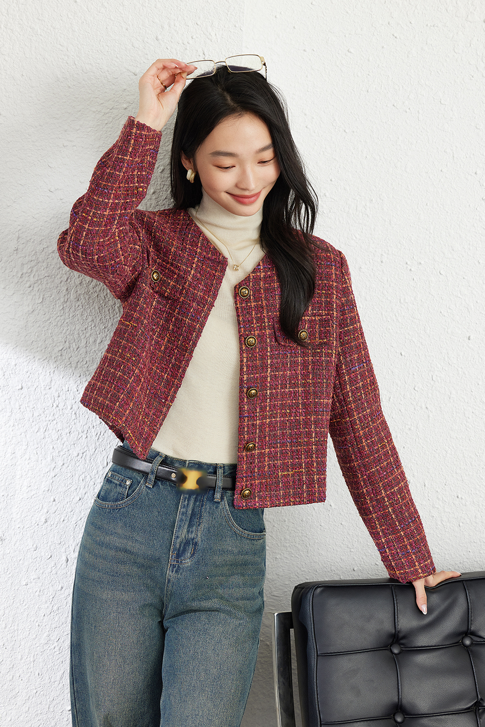 Fashionable Retro Red Check Short Jacket