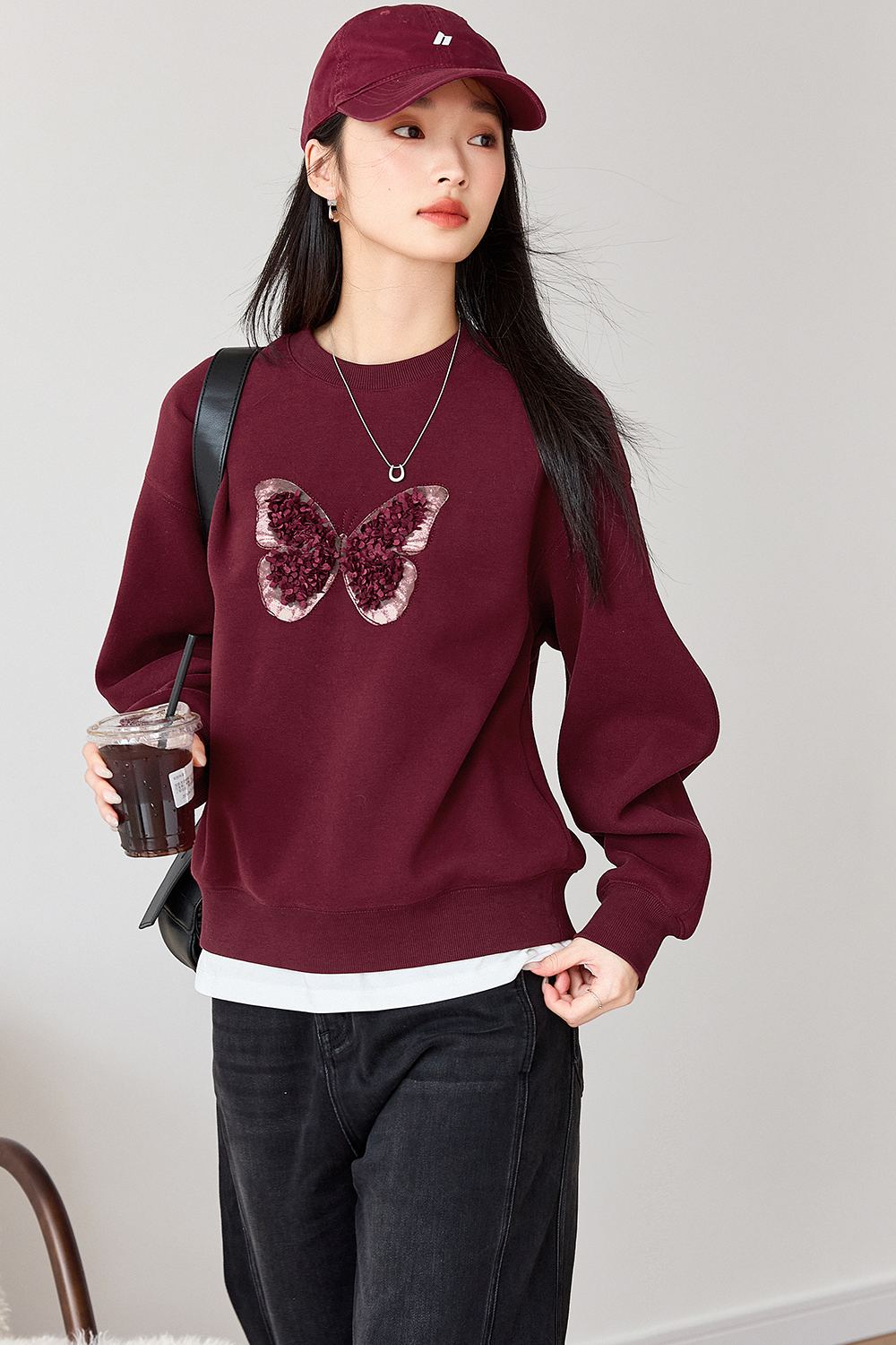 Butterfly Embroidered Fleece-Lined Sweatshirt-VIMLYSTORE