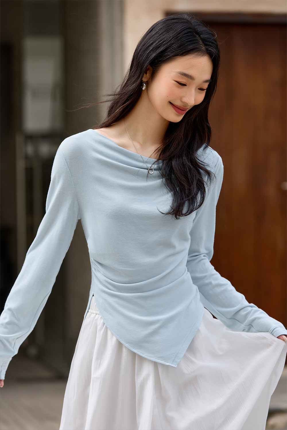 Natural Pleated Solid Color T-Shirt-VIMLYSTORE