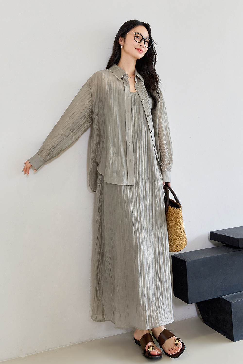 Tea Color Pleated Set-VIMLYSTORE