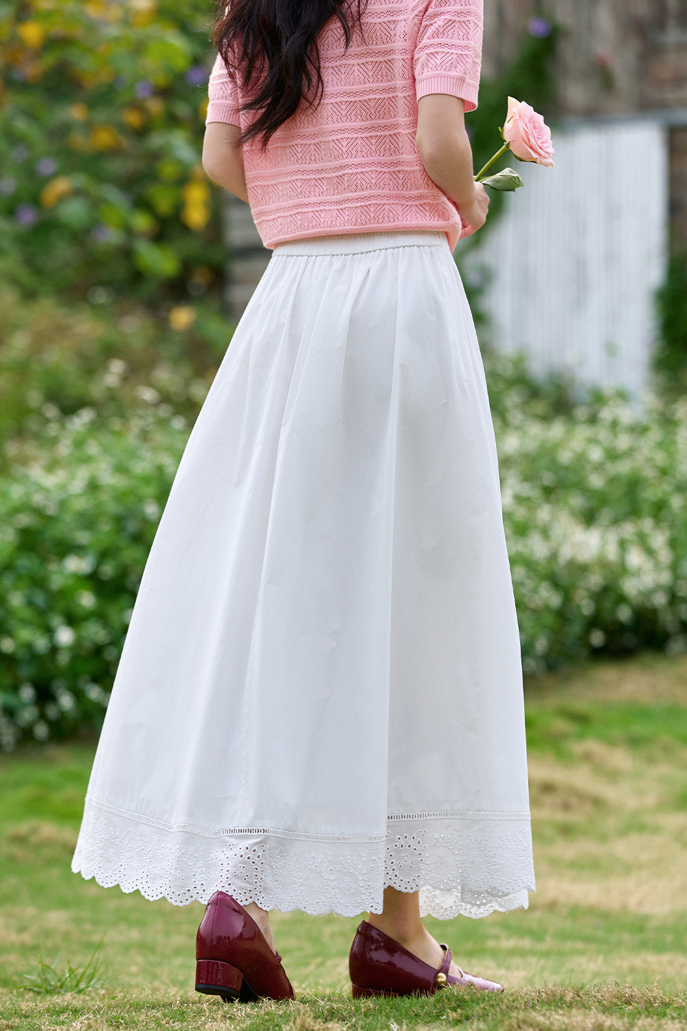 Lace-Edged White Long Skirt-VIMLYSTORE