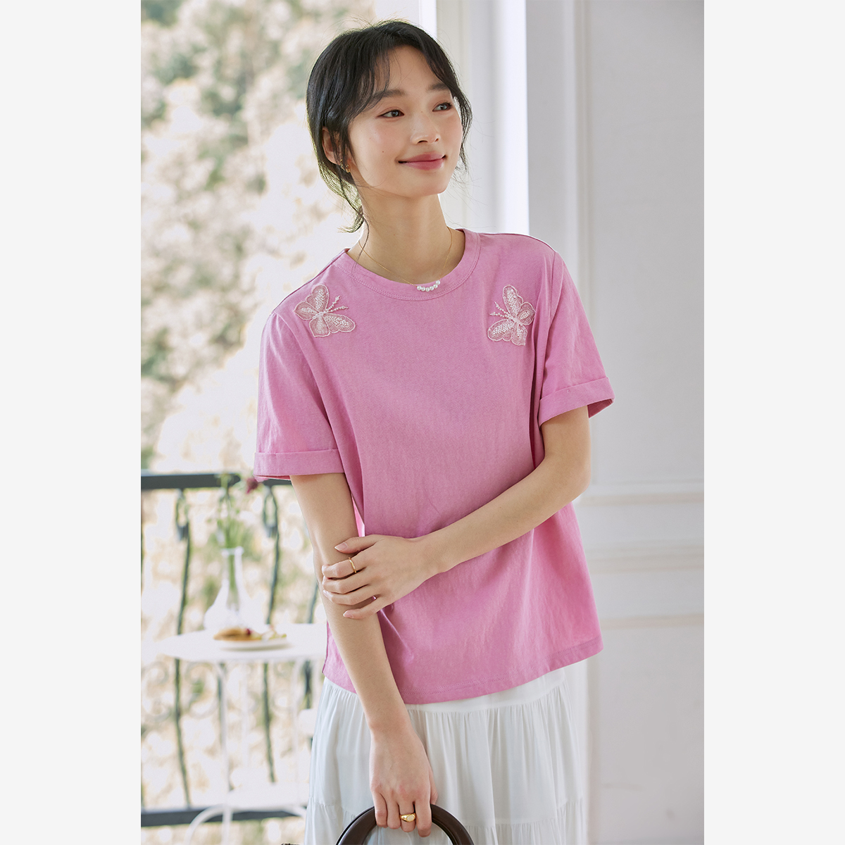 Lace Butterfly Solid Color T-Shirt