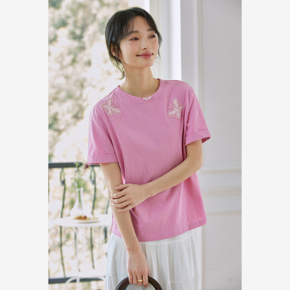Lace Butterfly Solid Color T-Shirt