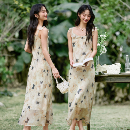 U-Neck Butterfly Suspender Dress