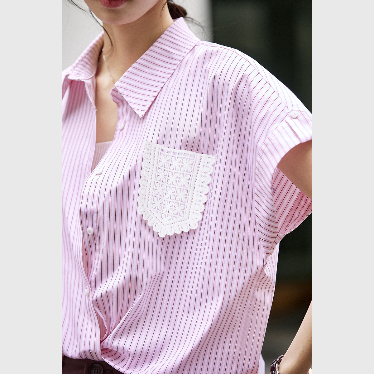Lace Pocket Striped Shirt