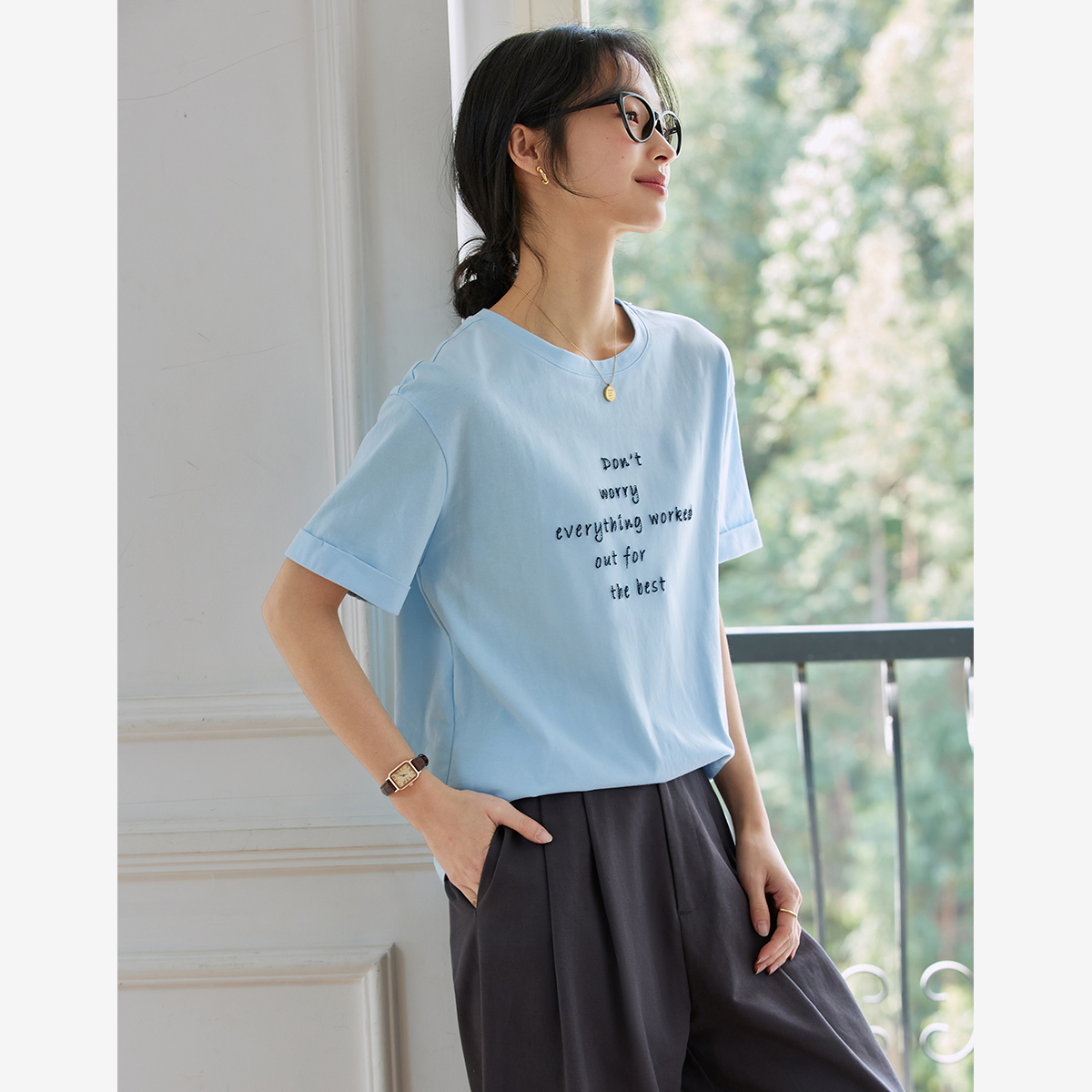 Letter Embroidered Round Neck T-Shirt