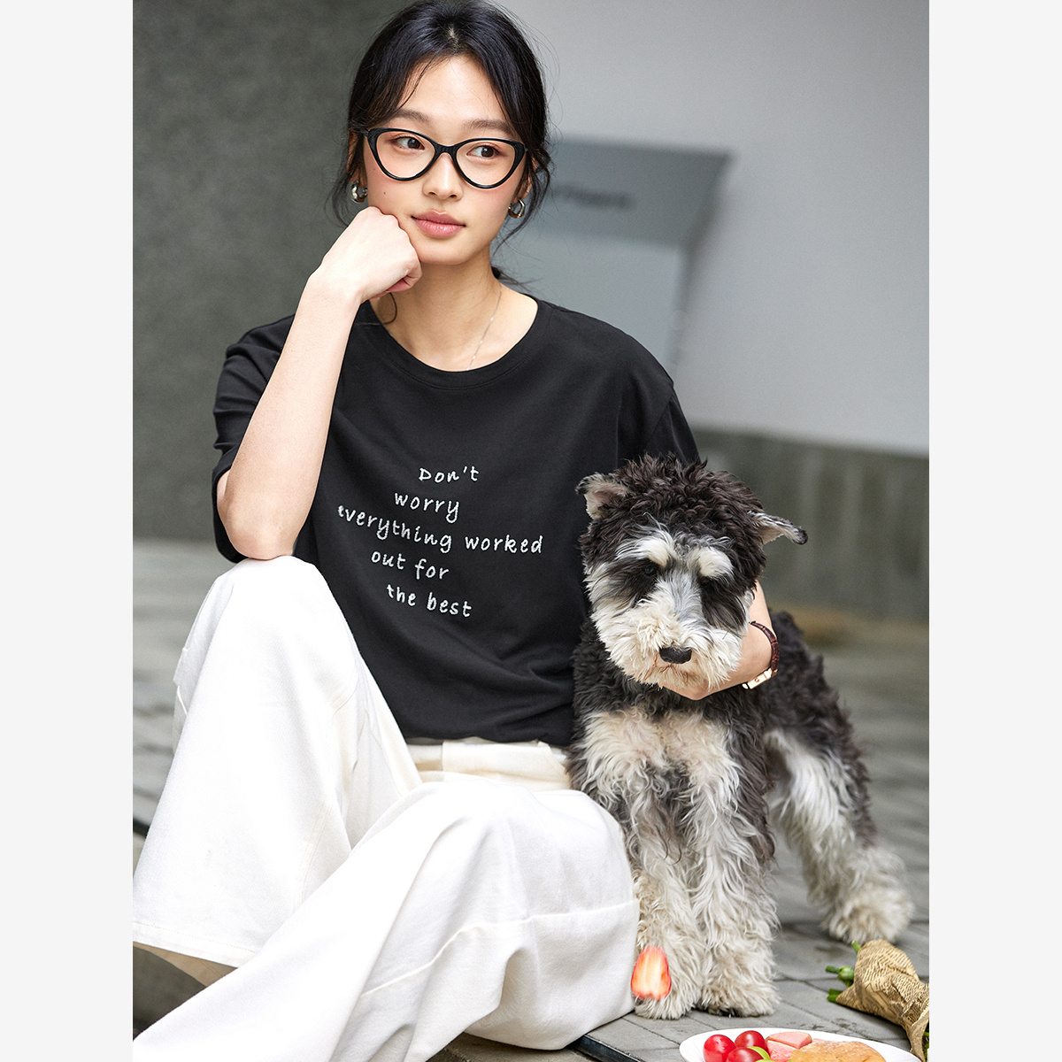 Letter Embroidered Round Neck T-Shirt
